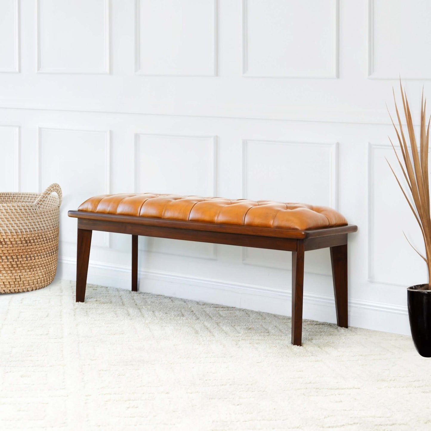 Arden Tan Leather Bench With Buttons