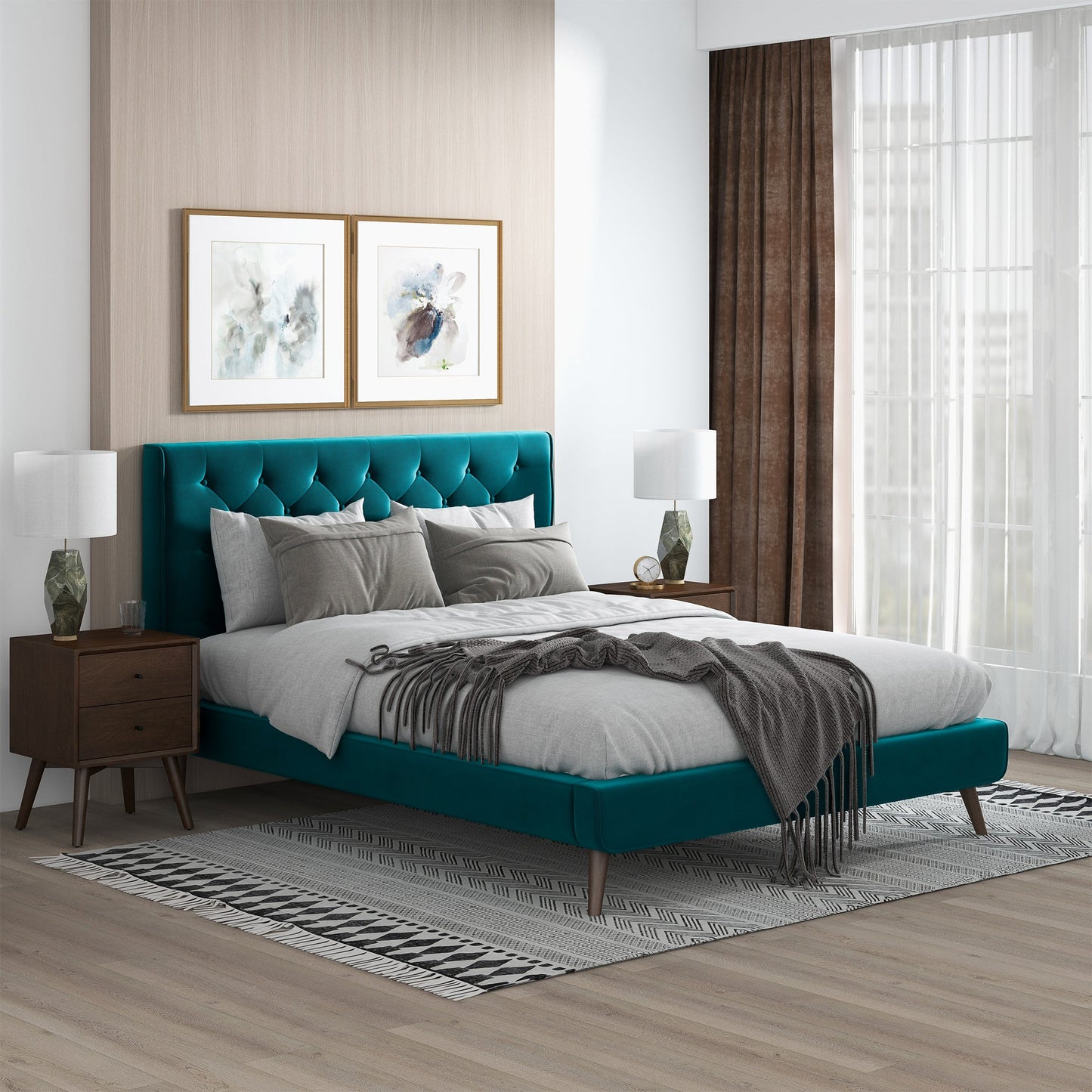 Dillon  Teal Velvet Platform Bed(Queen Size)