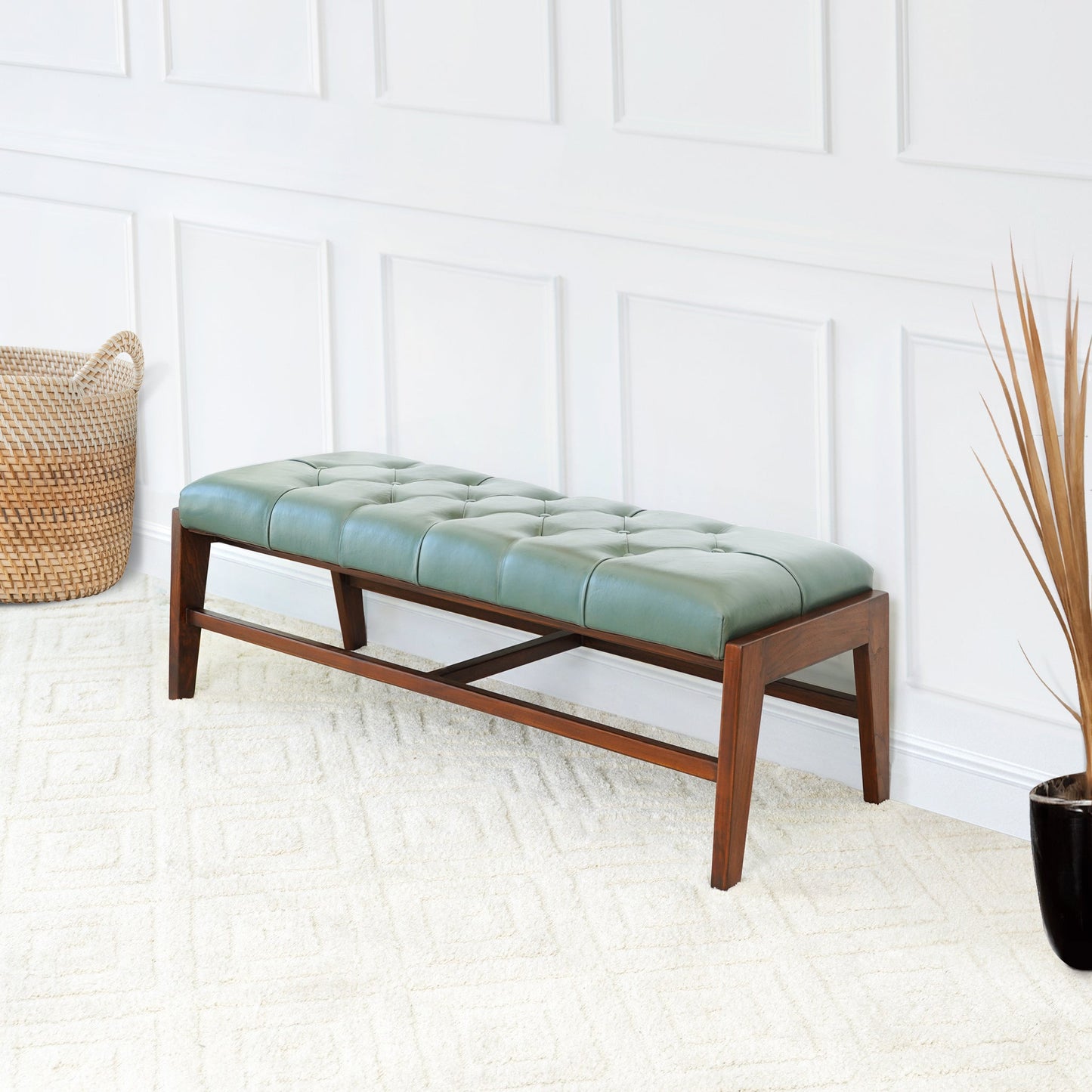 Hera Bench With Buttons (Green Leather)