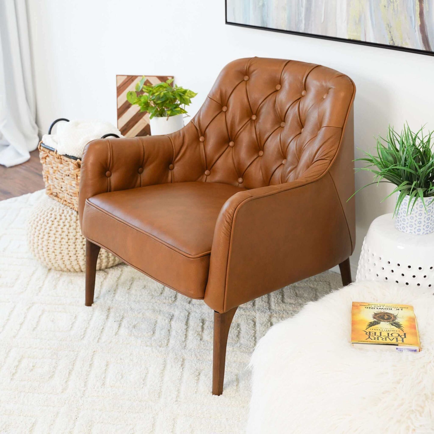 Joshua  Tufted Tan Leather Lounge Chair