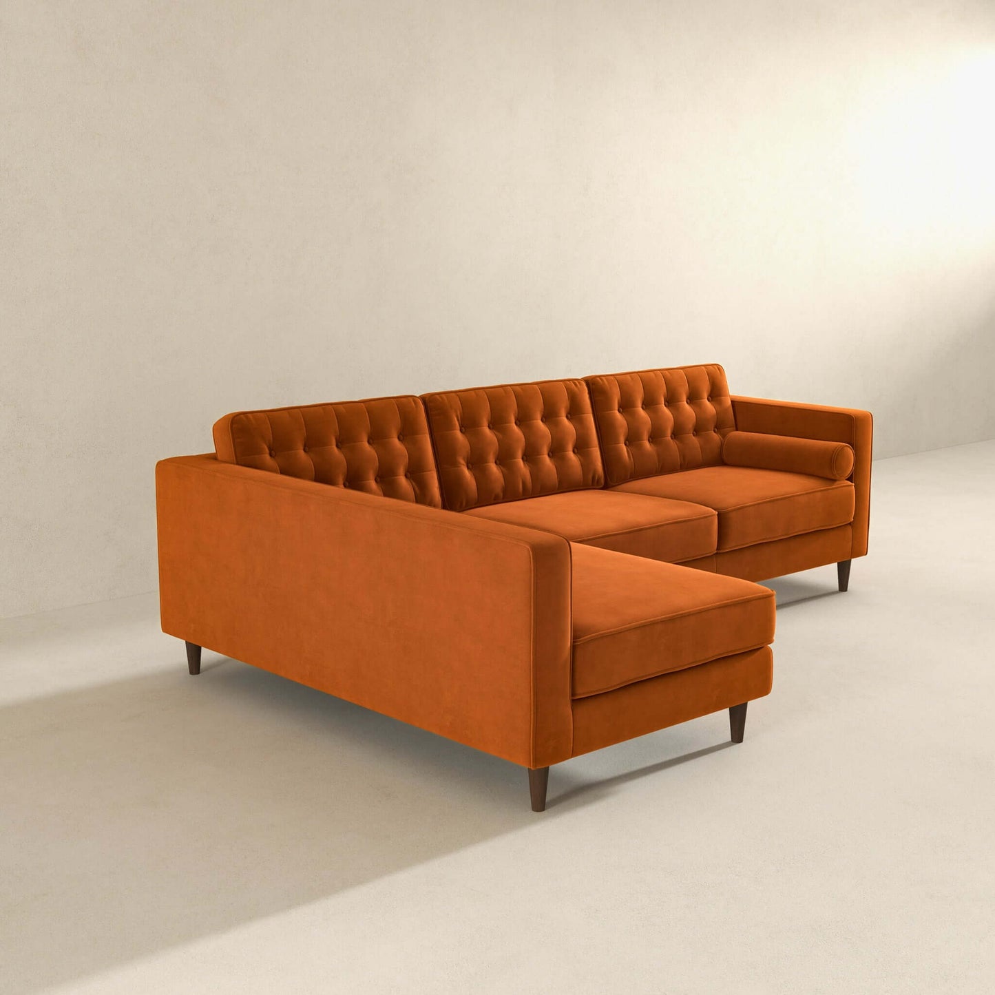 Christian  Burnt Orange Velvet Sectional Sofa Left Facing