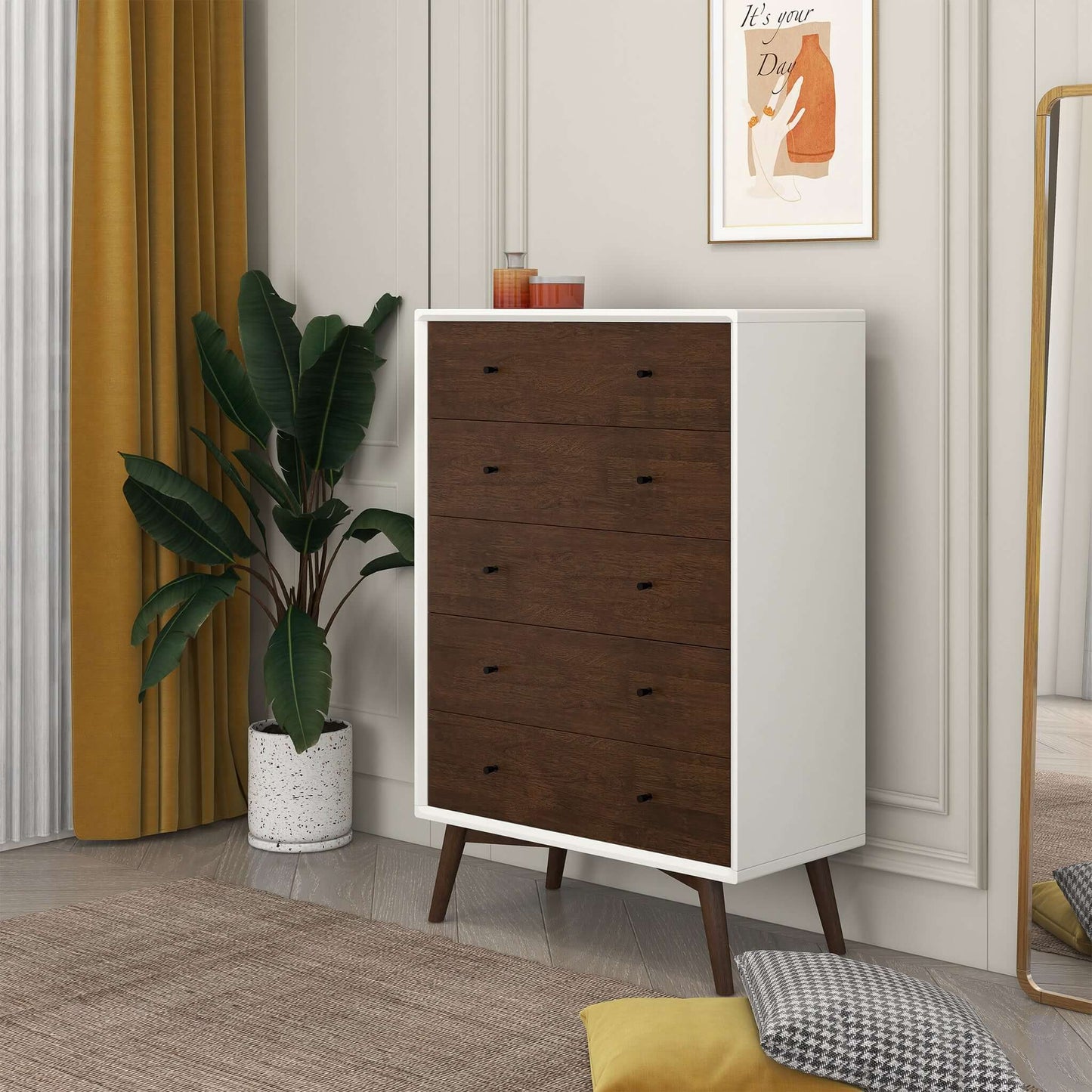 Caroline Mid Century Modern Solid Wood White Dresser 5-Drawer