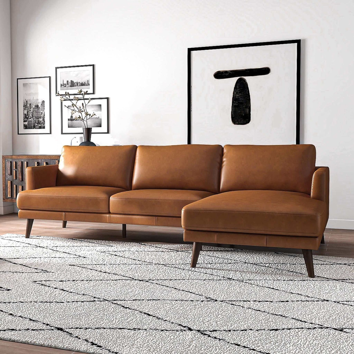 Lore  L-Shaped Genuine Leather Sectional In Tan Right Facing