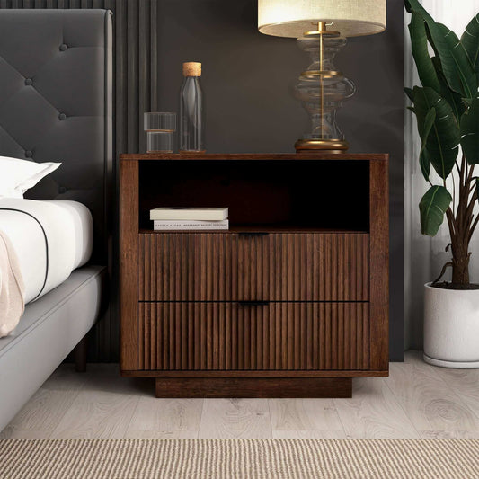 Lola Mid Century Modern Walnut Nightstand 2-Drawer Bed Side Table