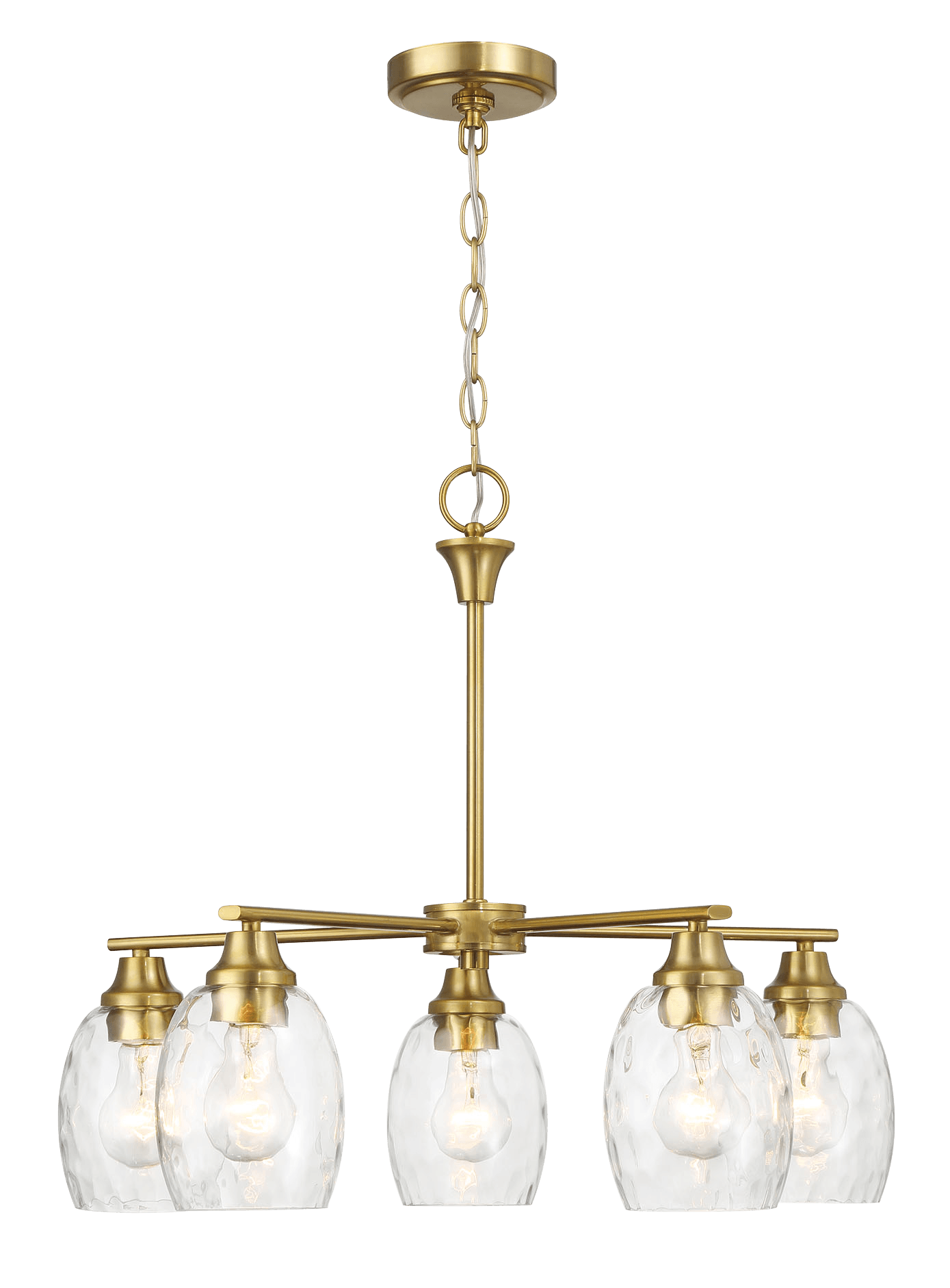 Elegance Five Lights Linear Arms with Golden Brass Finish Chain Chandelier 24"W × 8.5"H with Clear Water Glass - West Lamp