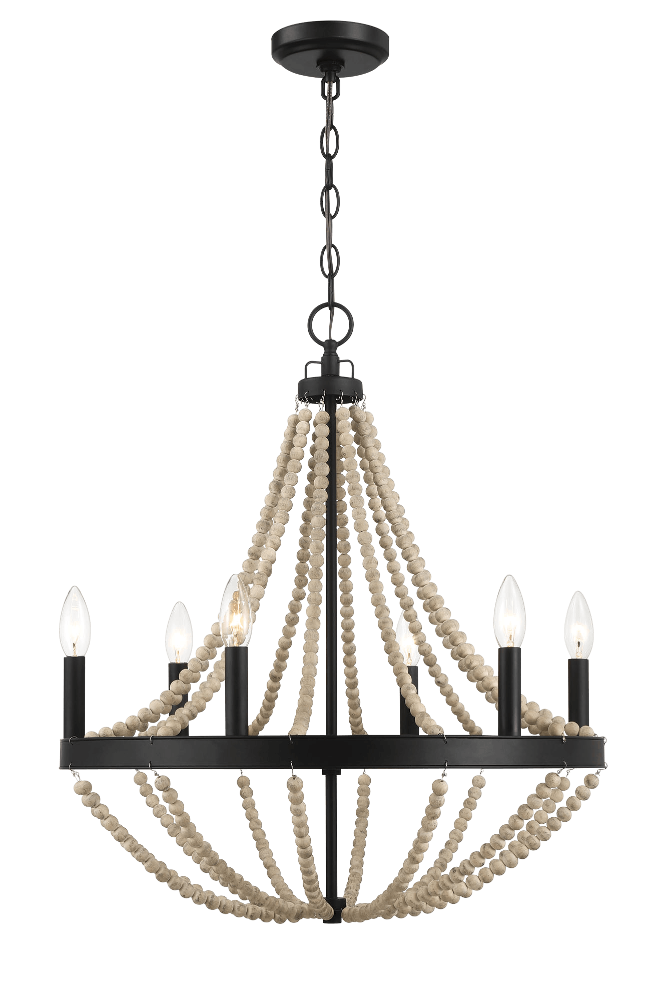 Starry Wood Chandelier Farmhouse Six Candle Light Wood Beaded Black Pendant Light for Dining Room - West Lamp