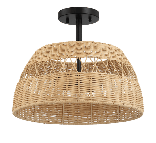 Twinkle Double Lights Semi Flush With Rattan Shade Black Metal Finish for Farmhouse Style - West Lamp